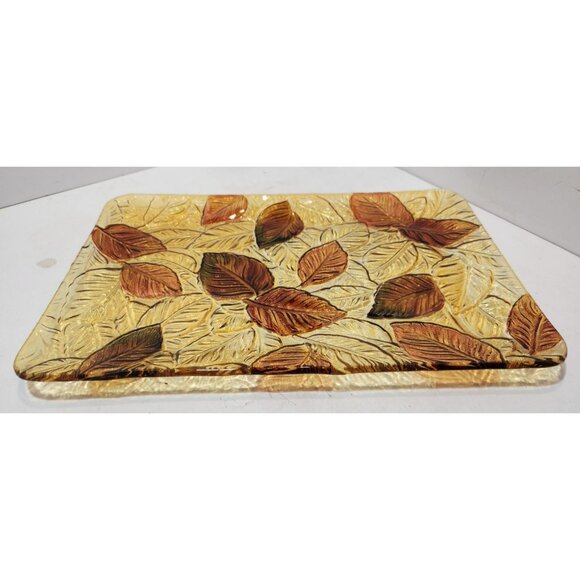 Vtg Fused Glass Rectangular Flat Textured Serving Dish Fall Leaves 9x14 Inches - Picture 5 of 10